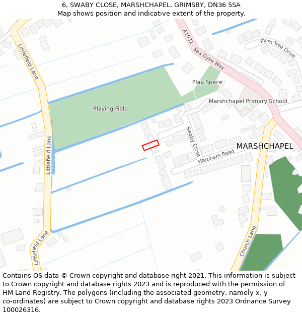 6, SWABY CLOSE, MARSHCHAPEL, GRIMSBY, DN36 5SA: Location map and indicative extent of plot