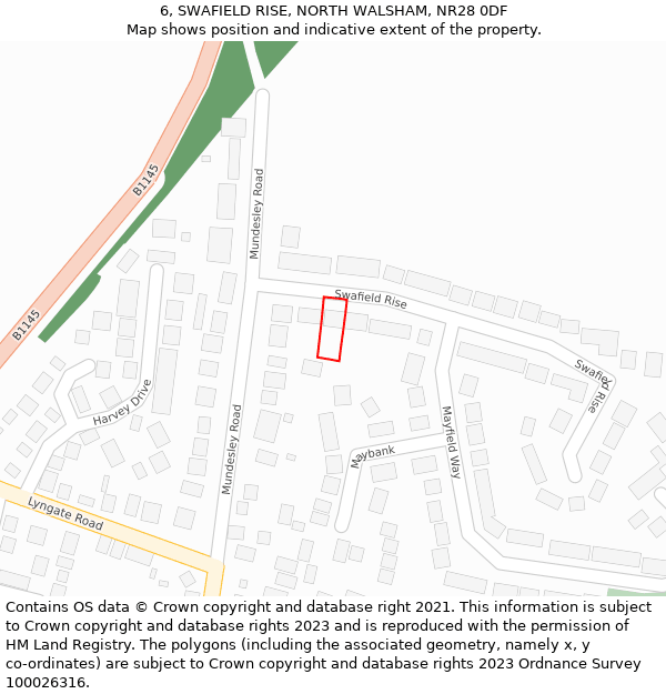 6, SWAFIELD RISE, NORTH WALSHAM, NR28 0DF: Location map and indicative extent of plot