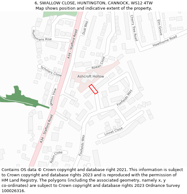 6, SWALLOW CLOSE, HUNTINGTON, CANNOCK, WS12 4TW: Location map and indicative extent of plot