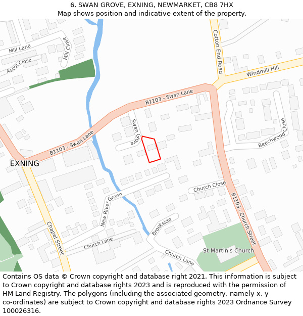 6, SWAN GROVE, EXNING, NEWMARKET, CB8 7HX: Location map and indicative extent of plot