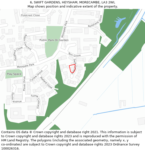 6, SWIFT GARDENS, HEYSHAM, MORECAMBE, LA3 2WL: Location map and indicative extent of plot