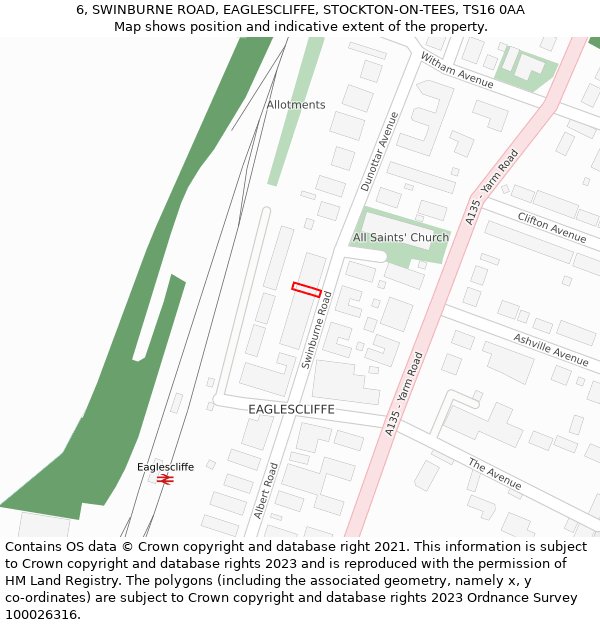 6, SWINBURNE ROAD, EAGLESCLIFFE, STOCKTON-ON-TEES, TS16 0AA: Location map and indicative extent of plot