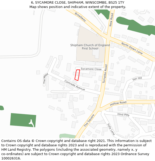 6, SYCAMORE CLOSE, SHIPHAM, WINSCOMBE, BS25 1TY: Location map and indicative extent of plot