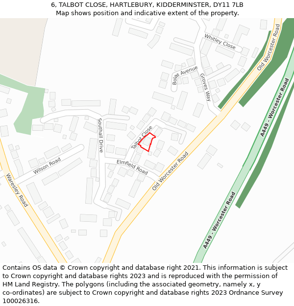 6, TALBOT CLOSE, HARTLEBURY, KIDDERMINSTER, DY11 7LB: Location map and indicative extent of plot