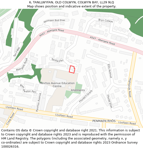 6, TANLLWYFAN, OLD COLWYN, COLWYN BAY, LL29 9LQ: Location map and indicative extent of plot