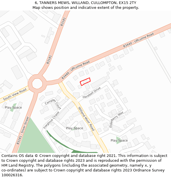 6, TANNERS MEWS, WILLAND, CULLOMPTON, EX15 2TY: Location map and indicative extent of plot