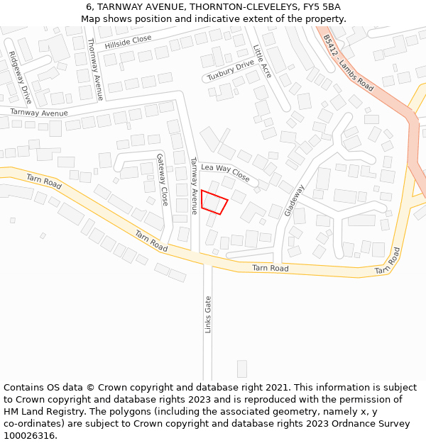 6, TARNWAY AVENUE, THORNTON-CLEVELEYS, FY5 5BA: Location map and indicative extent of plot