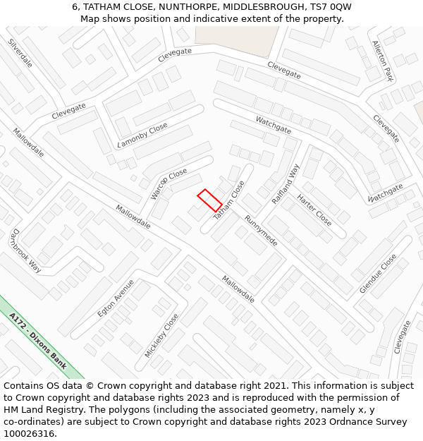 6, TATHAM CLOSE, NUNTHORPE, MIDDLESBROUGH, TS7 0QW: Location map and indicative extent of plot