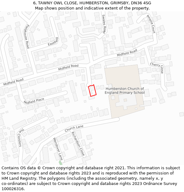 6, TAWNY OWL CLOSE, HUMBERSTON, GRIMSBY, DN36 4SG: Location map and indicative extent of plot