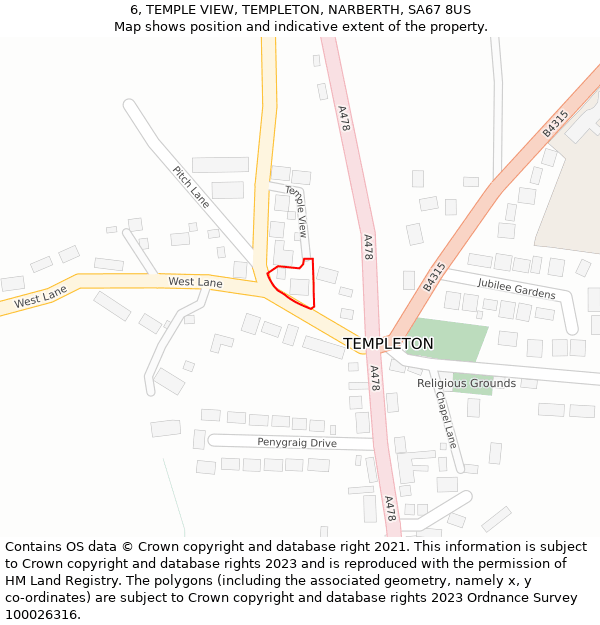 6, TEMPLE VIEW, TEMPLETON, NARBERTH, SA67 8US: Location map and indicative extent of plot