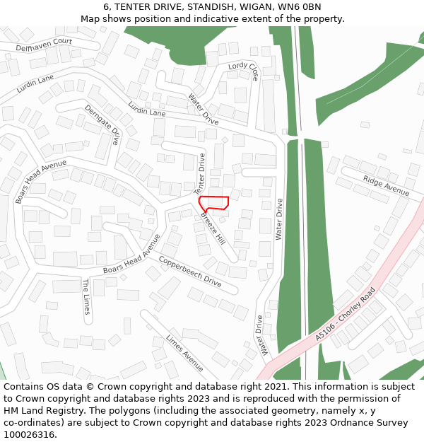 6, TENTER DRIVE, STANDISH, WIGAN, WN6 0BN: Location map and indicative extent of plot