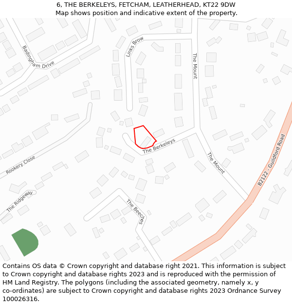 6, THE BERKELEYS, FETCHAM, LEATHERHEAD, KT22 9DW: Location map and indicative extent of plot