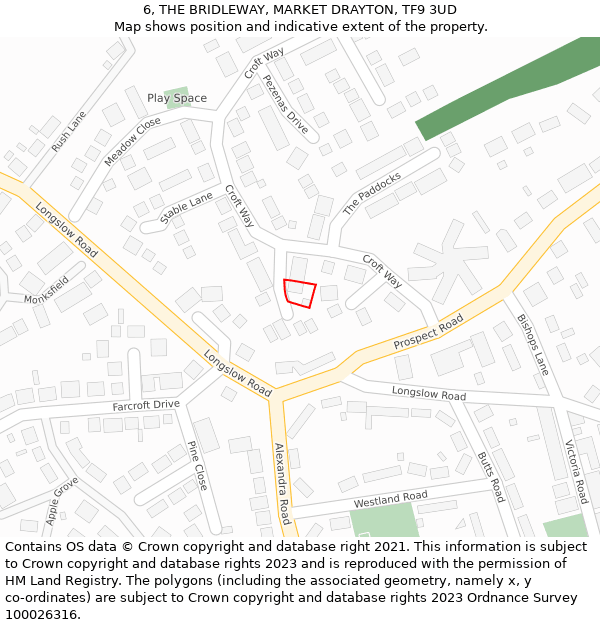 6, THE BRIDLEWAY, MARKET DRAYTON, TF9 3UD: Location map and indicative extent of plot