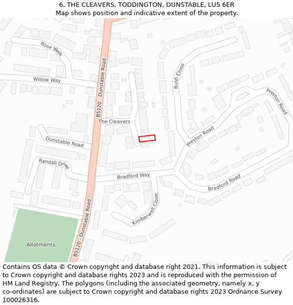 6, THE CLEAVERS, TODDINGTON, DUNSTABLE, LU5 6ER: Location map and indicative extent of plot