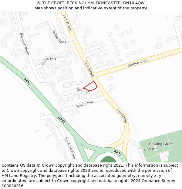 6, THE CROFT, BECKINGHAM, DONCASTER, DN10 4QW: Location map and indicative extent of plot