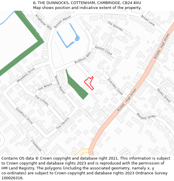 6, THE DUNNOCKS, COTTENHAM, CAMBRIDGE, CB24 8XU: Location map and indicative extent of plot