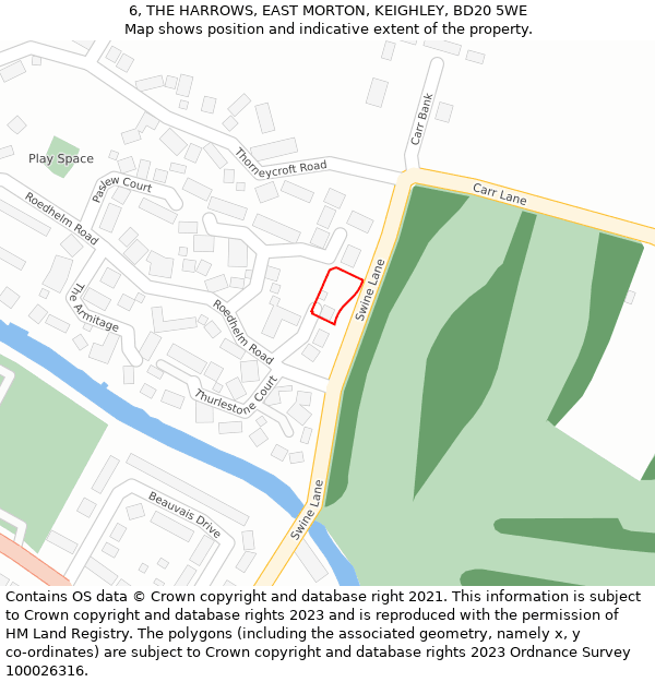 6, THE HARROWS, EAST MORTON, KEIGHLEY, BD20 5WE: Location map and indicative extent of plot