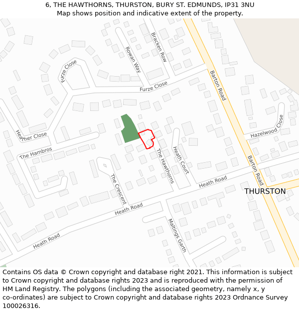6, THE HAWTHORNS, THURSTON, BURY ST. EDMUNDS, IP31 3NU: Location map and indicative extent of plot