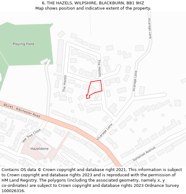 6, THE HAZELS, WILPSHIRE, BLACKBURN, BB1 9HZ: Location map and indicative extent of plot