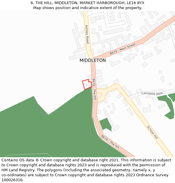 6, THE HILL, MIDDLETON, MARKET HARBOROUGH, LE16 8YX: Location map and indicative extent of plot