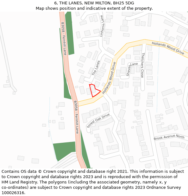 6, THE LANES, NEW MILTON, BH25 5DG: Location map and indicative extent of plot