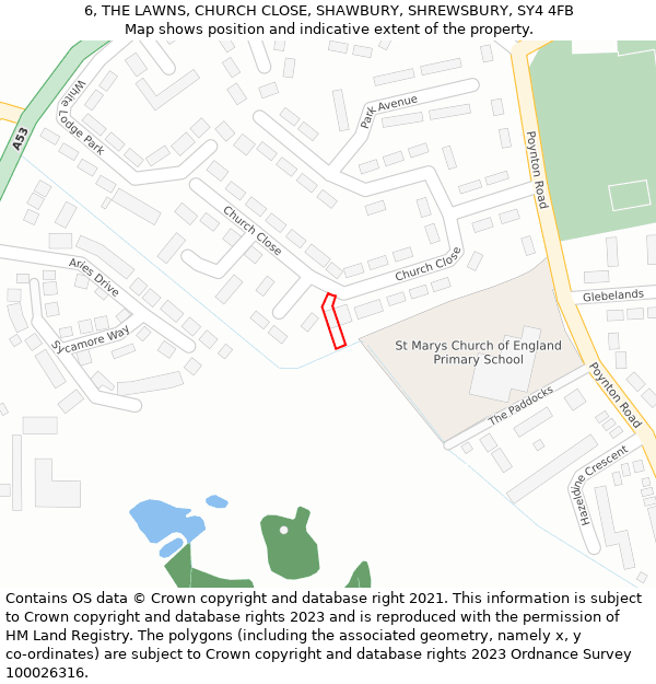 6, THE LAWNS, CHURCH CLOSE, SHAWBURY, SHREWSBURY, SY4 4FB: Location map and indicative extent of plot