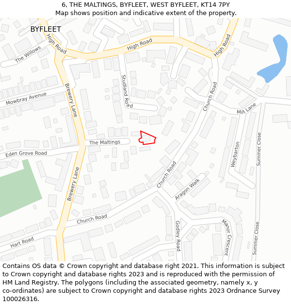 6, THE MALTINGS, BYFLEET, WEST BYFLEET, KT14 7PY: Location map and indicative extent of plot