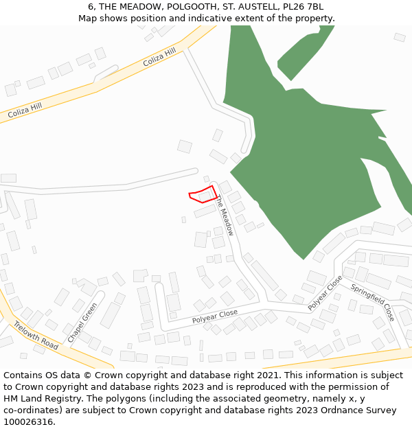 6, THE MEADOW, POLGOOTH, ST. AUSTELL, PL26 7BL: Location map and indicative extent of plot