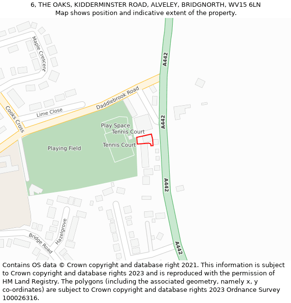 6, THE OAKS, KIDDERMINSTER ROAD, ALVELEY, BRIDGNORTH, WV15 6LN: Location map and indicative extent of plot