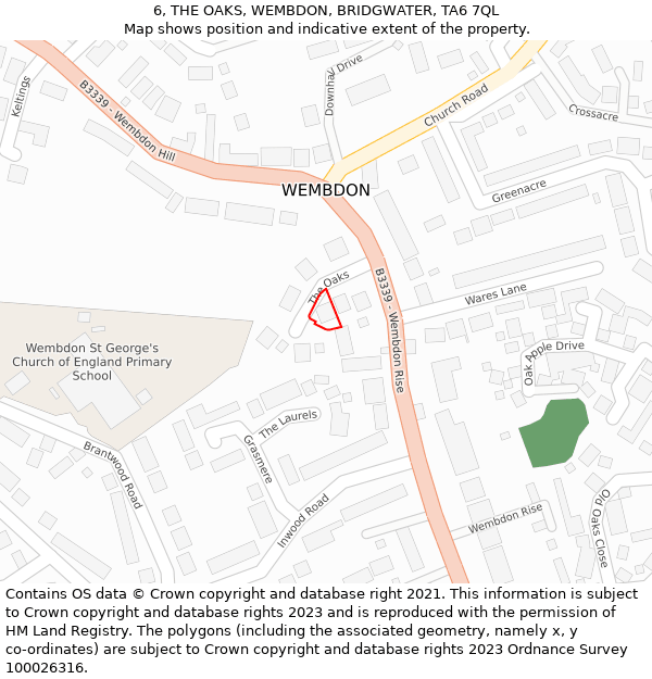 6, THE OAKS, WEMBDON, BRIDGWATER, TA6 7QL: Location map and indicative extent of plot