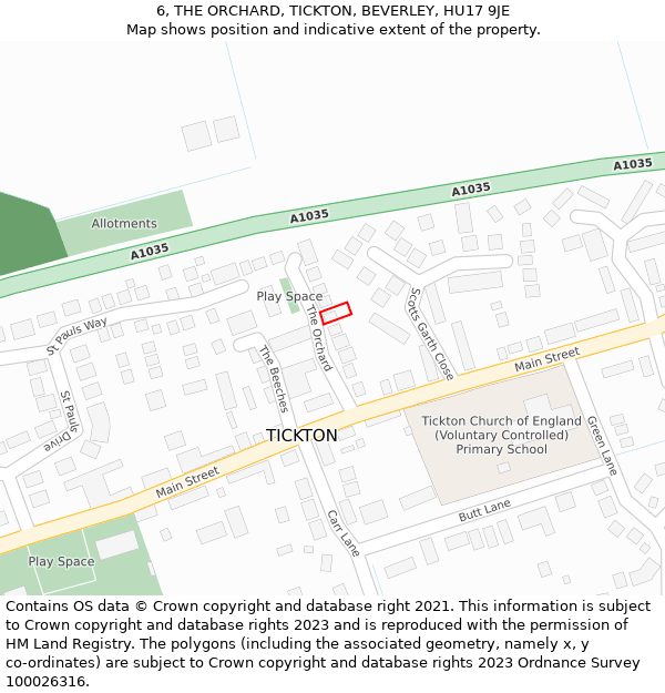 6, THE ORCHARD, TICKTON, BEVERLEY, HU17 9JE: Location map and indicative extent of plot