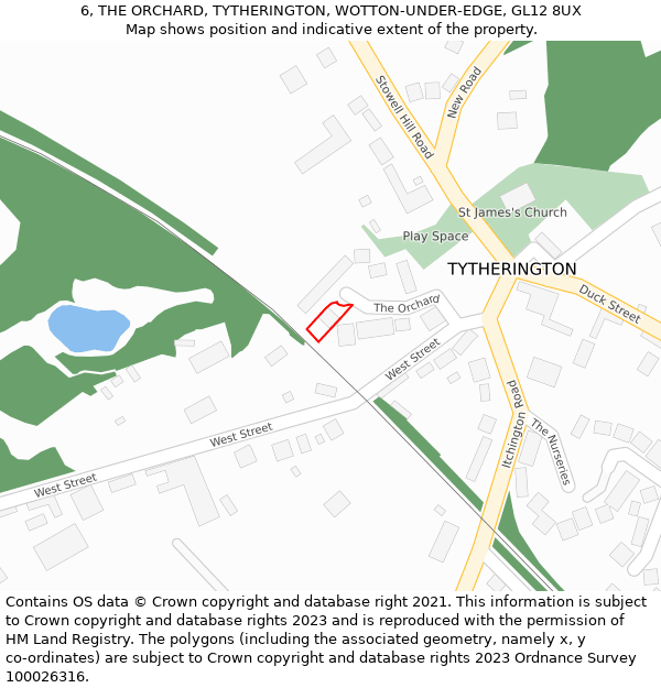 6, THE ORCHARD, TYTHERINGTON, WOTTON-UNDER-EDGE, GL12 8UX: Location map and indicative extent of plot