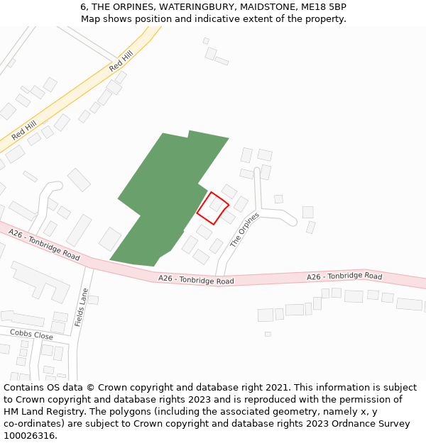 6, THE ORPINES, WATERINGBURY, MAIDSTONE, ME18 5BP: Location map and indicative extent of plot