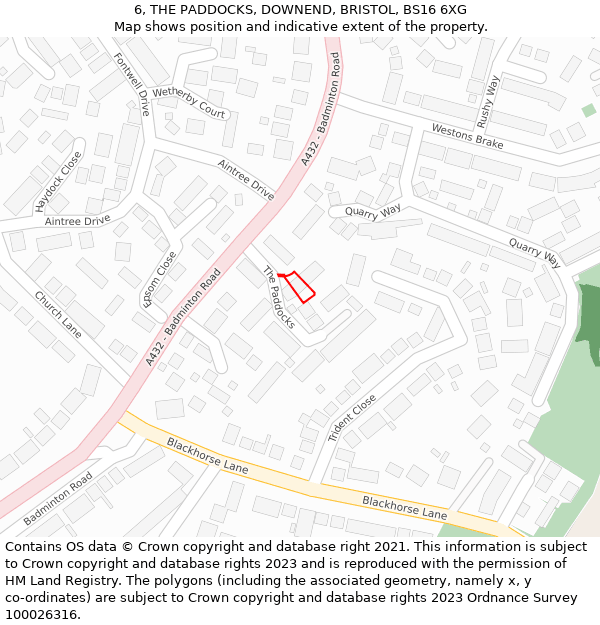 6, THE PADDOCKS, DOWNEND, BRISTOL, BS16 6XG: Location map and indicative extent of plot