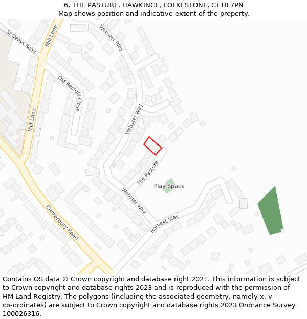 6, THE PASTURE, HAWKINGE, FOLKESTONE, CT18 7PN: Location map and indicative extent of plot