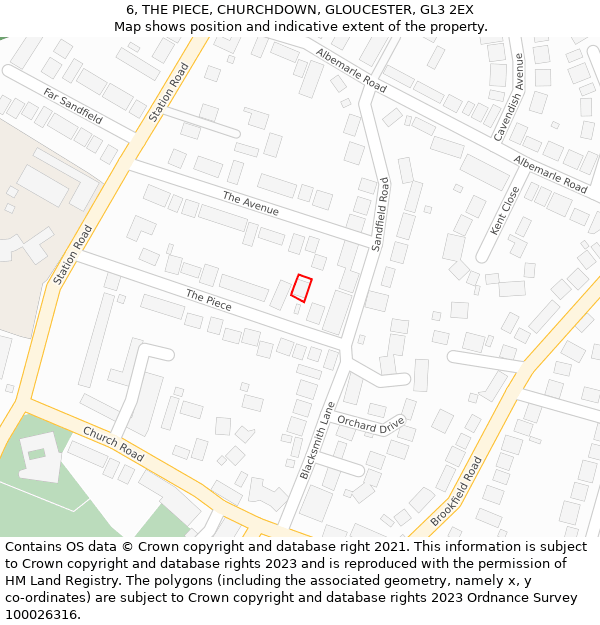 6, THE PIECE, CHURCHDOWN, GLOUCESTER, GL3 2EX: Location map and indicative extent of plot