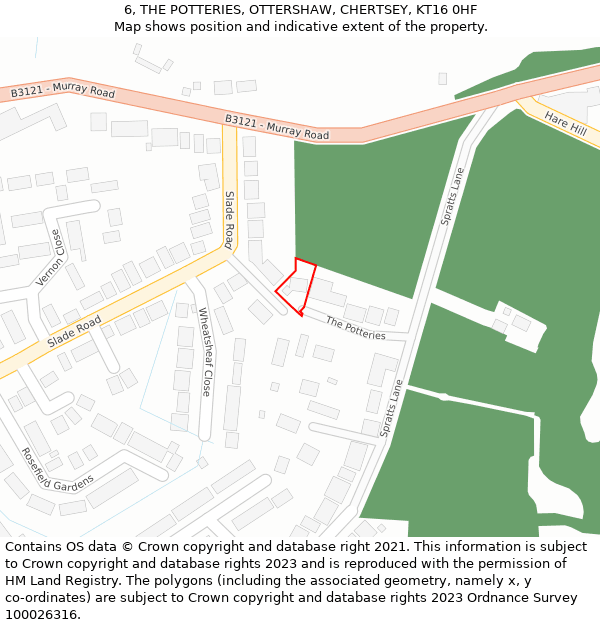 6, THE POTTERIES, OTTERSHAW, CHERTSEY, KT16 0HF: Location map and indicative extent of plot