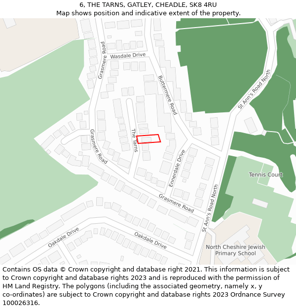 6, THE TARNS, GATLEY, CHEADLE, SK8 4RU: Location map and indicative extent of plot