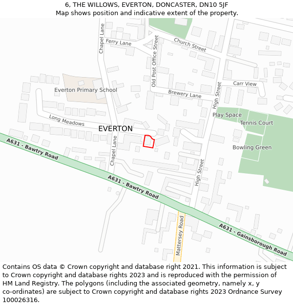 6, THE WILLOWS, EVERTON, DONCASTER, DN10 5JF: Location map and indicative extent of plot