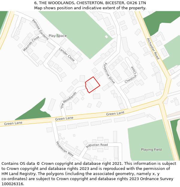 6, THE WOODLANDS, CHESTERTON, BICESTER, OX26 1TN: Location map and indicative extent of plot