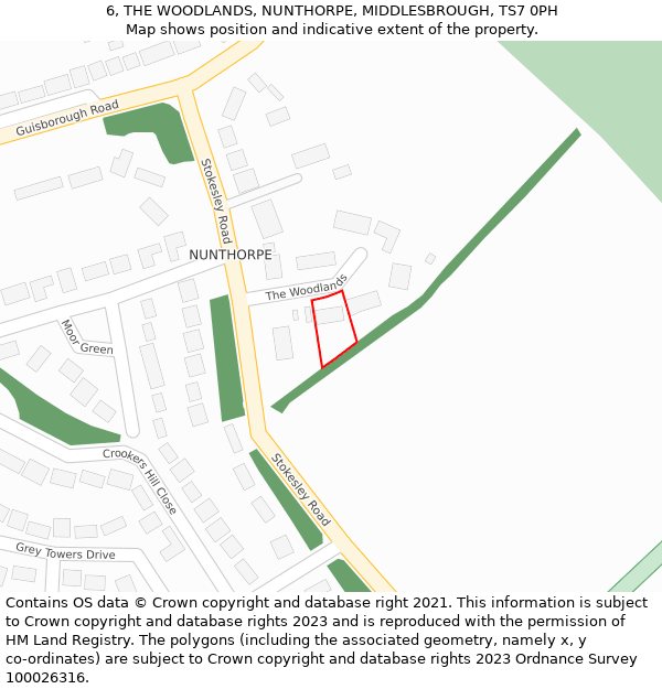 6, THE WOODLANDS, NUNTHORPE, MIDDLESBROUGH, TS7 0PH: Location map and indicative extent of plot