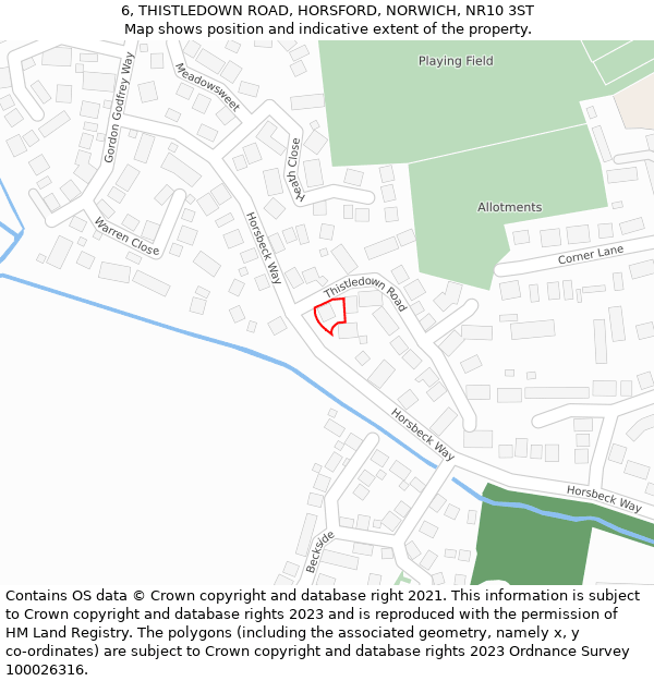 6, THISTLEDOWN ROAD, HORSFORD, NORWICH, NR10 3ST: Location map and indicative extent of plot