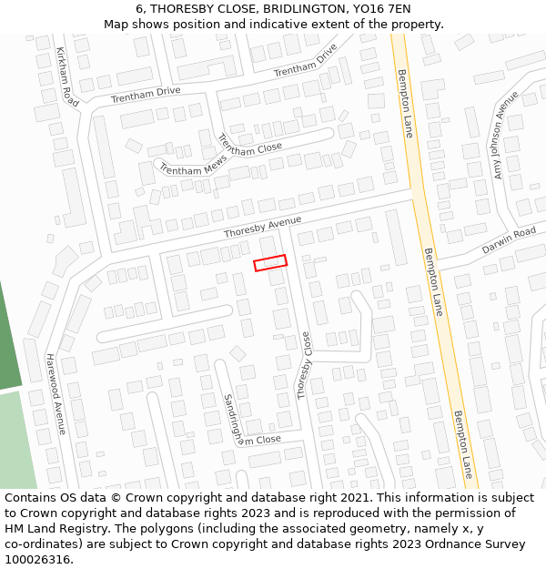 6, THORESBY CLOSE, BRIDLINGTON, YO16 7EN: Location map and indicative extent of plot