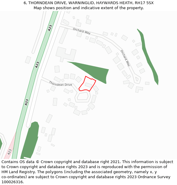 6, THORNDEAN DRIVE, WARNINGLID, HAYWARDS HEATH, RH17 5SX: Location map and indicative extent of plot