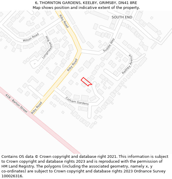 6, THORNTON GARDENS, KEELBY, GRIMSBY, DN41 8RE: Location map and indicative extent of plot