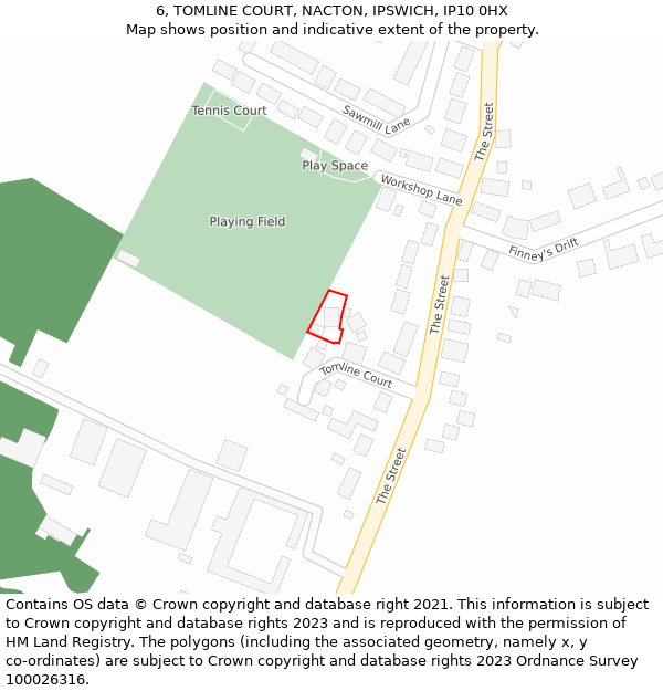 6, TOMLINE COURT, NACTON, IPSWICH, IP10 0HX: Location map and indicative extent of plot