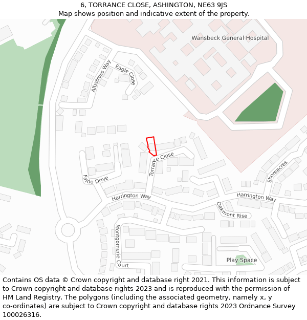 6, TORRANCE CLOSE, ASHINGTON, NE63 9JS: Location map and indicative extent of plot