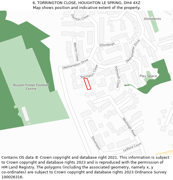 6, TORRINGTON CLOSE, HOUGHTON LE SPRING, DH4 4XZ: Location map and indicative extent of plot