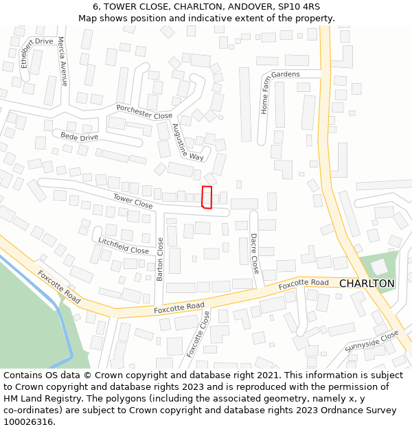 6, TOWER CLOSE, CHARLTON, ANDOVER, SP10 4RS: Location map and indicative extent of plot