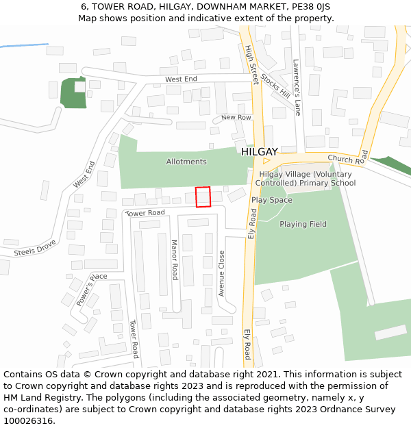 6, TOWER ROAD, HILGAY, DOWNHAM MARKET, PE38 0JS: Location map and indicative extent of plot